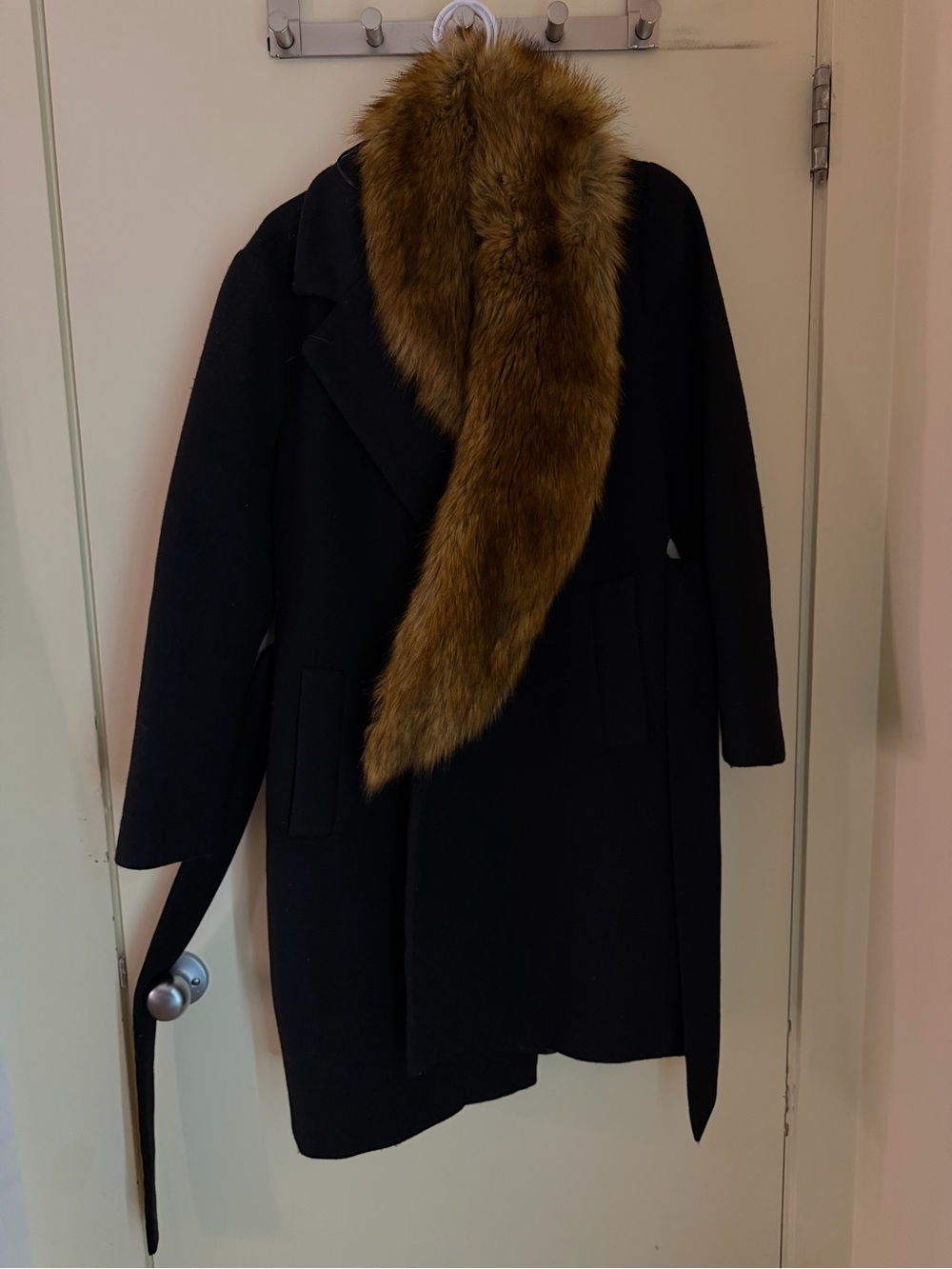 Zara Black Trench Coat with Brown Faux-Fur Collar